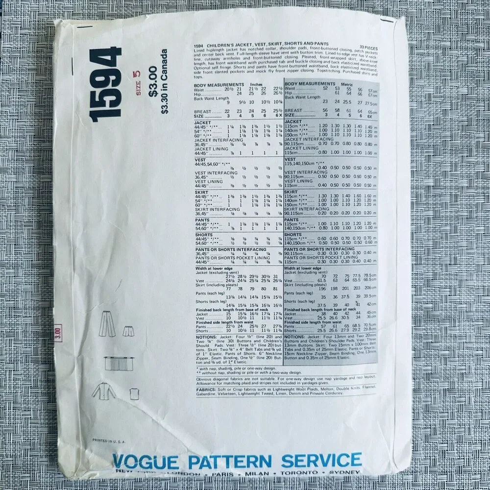 1970s Vogue Sewing Pattern 1594 Boy Girl JACKET VEST SKIRT SHORTS PANTS Size 5
